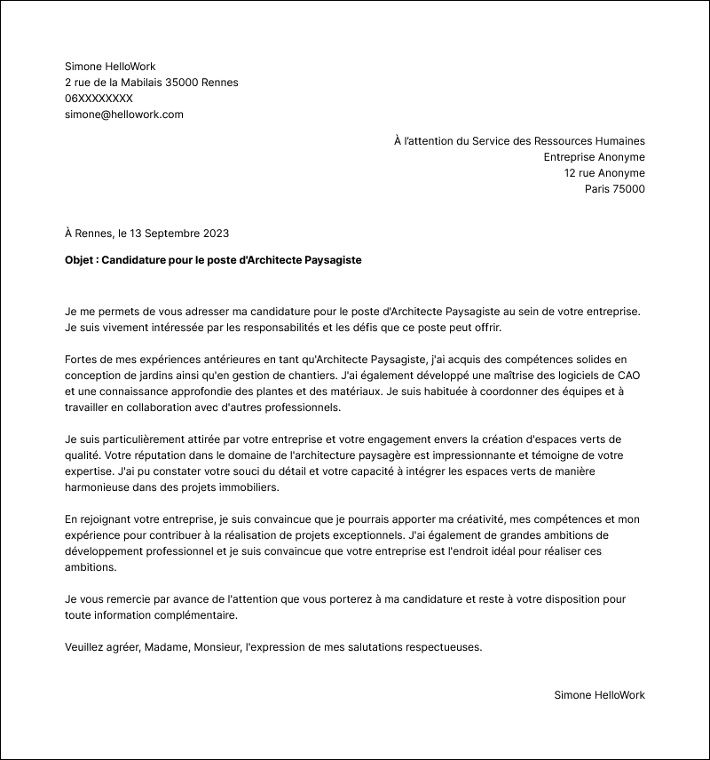 Modèle lettre de motivation Architecte paysagiste Exemple lettre de motivation Architecte paysagiste