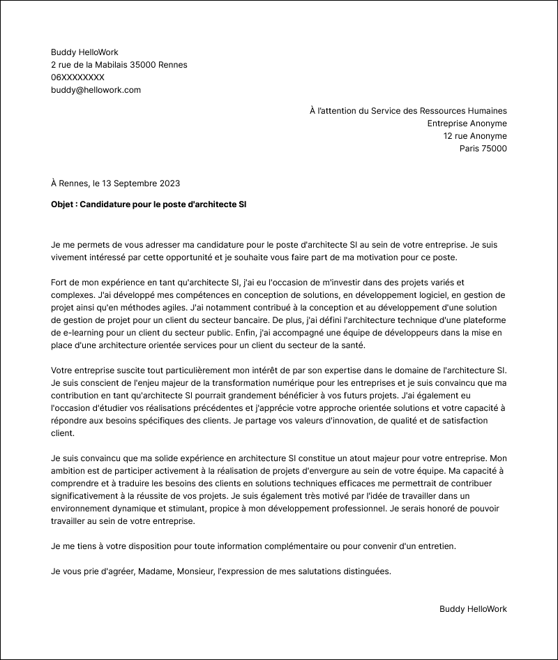 Modèle lettre de motivation Architecte SI Exemple lettre de motivation Architecte SI
