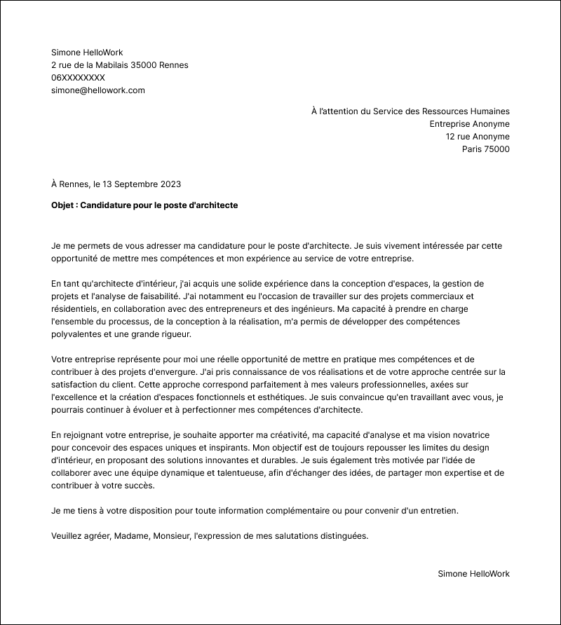 Modèle lettre de motivation Architecte Exemple lettre de motivation Architecte