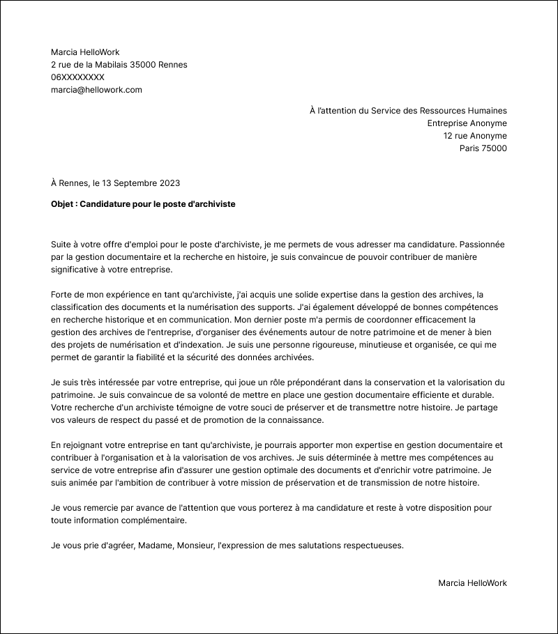 Modèle lettre de motivation Archiviste Exemple lettre de motivation Archiviste