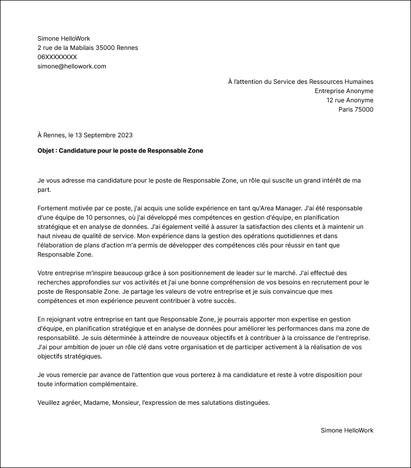 Modèle lettre de motivation Area manager Exemple lettre de motivation Area manager