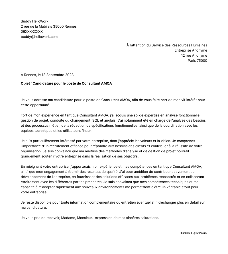 Exemple lettre de motivation Consultant AMOA
