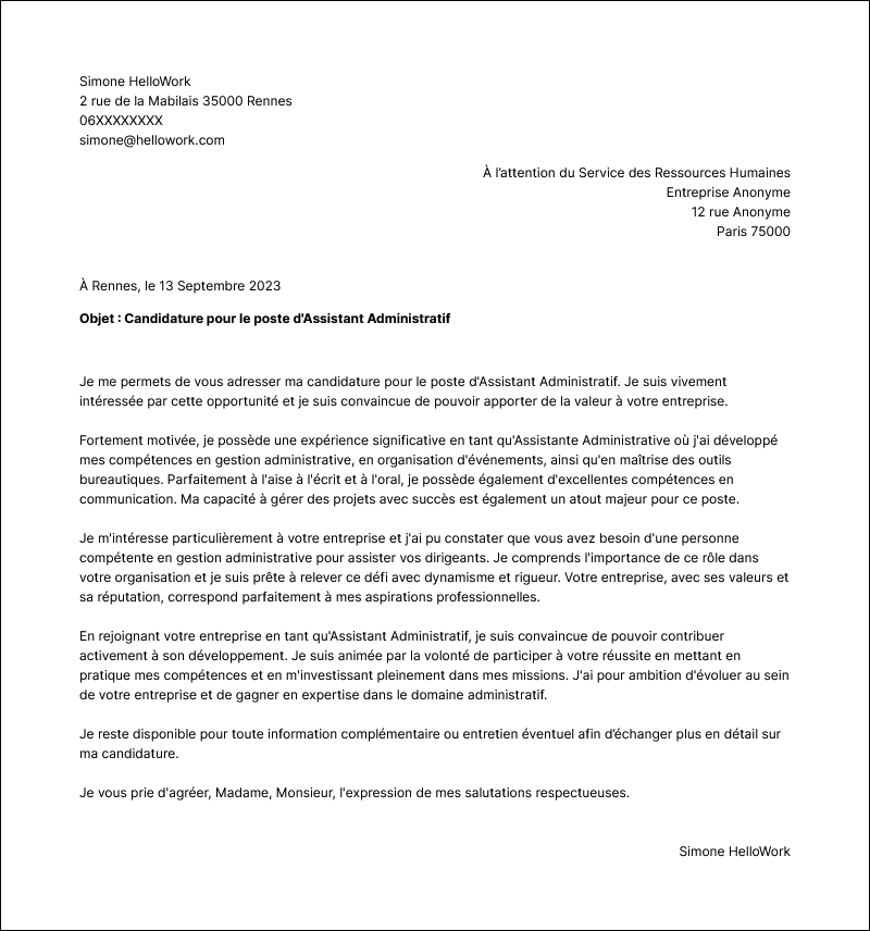 Modèle lettre de motivation Assistant administratif Exemple lettre de motivation Assistant administratif
