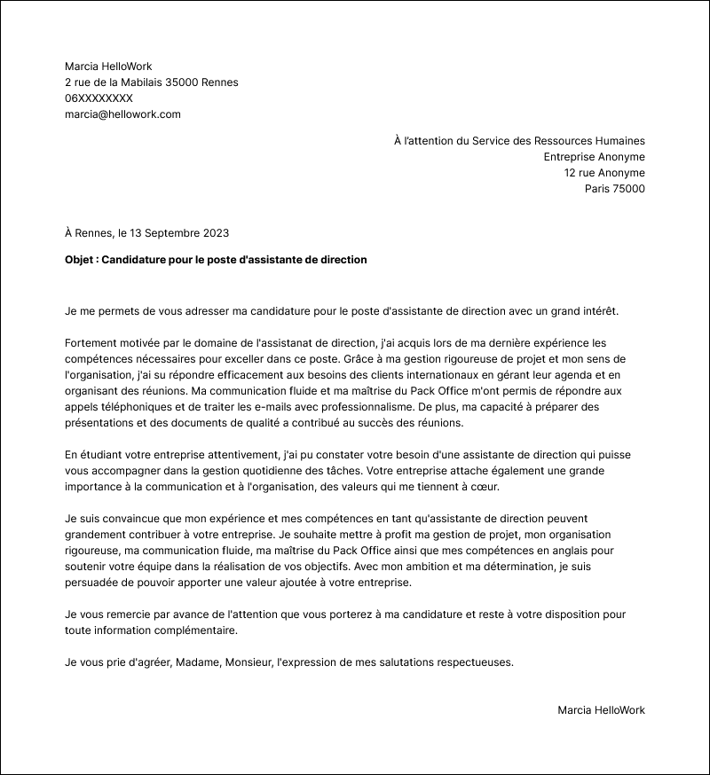 Modèle lettre de motivation Assistante de direction Exemple lettre de motivation Assistante de direction