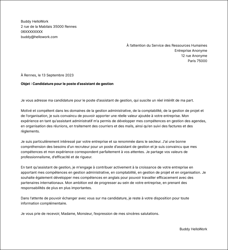 Modèle lettre de motivation Assistant de gestion Exemple lettre de motivation Assistant de gestion