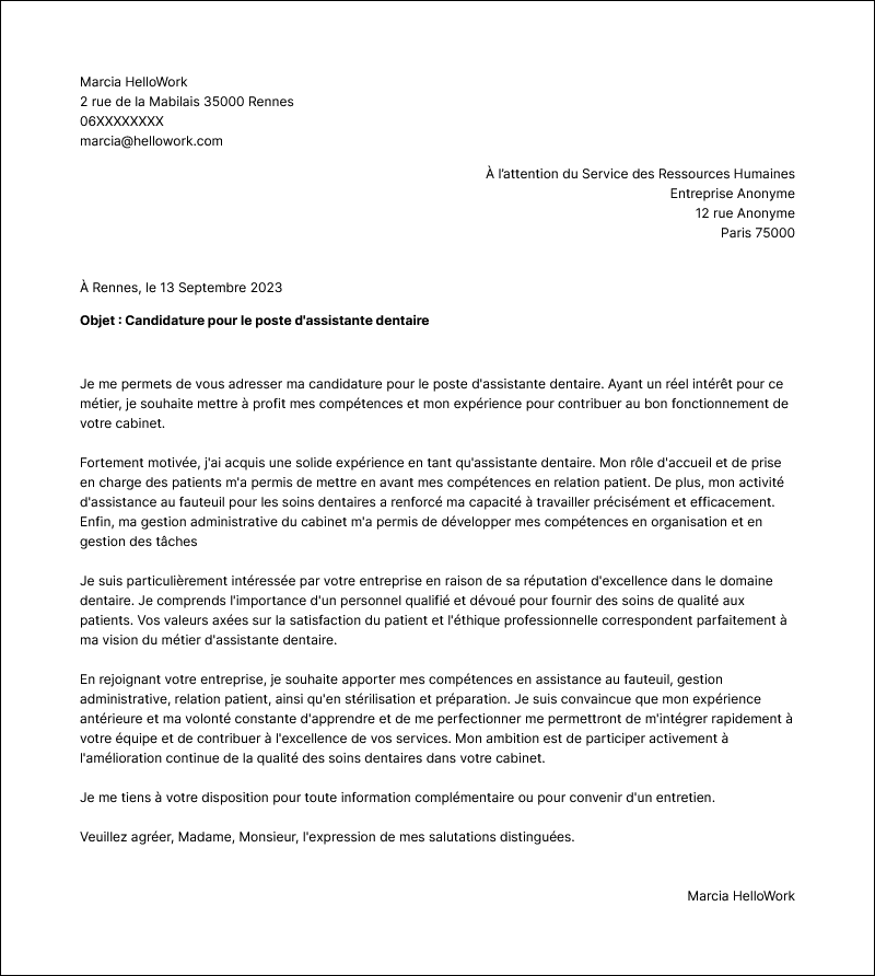 Modèle lettre de motivation Assistante dentaire Exemple lettre de motivation Assistante dentaire