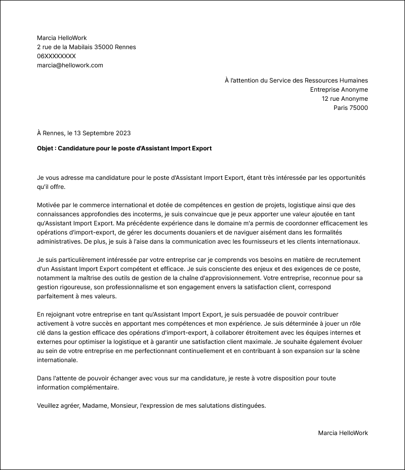 Modèle lettre de motivation Assistant import-export Exemple lettre de motivation Assistant import-export