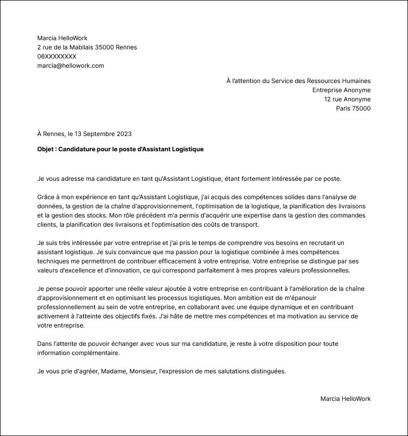 Modèle lettre de motivation Assistant logistique Exemple lettre de motivation Assistant logistique