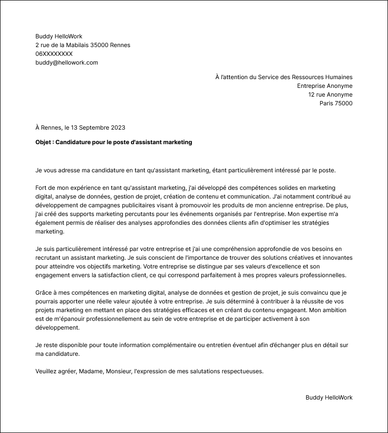 Modèle lettre de motivation Assistant marketing Exemple lettre de motivation Assistant marketing