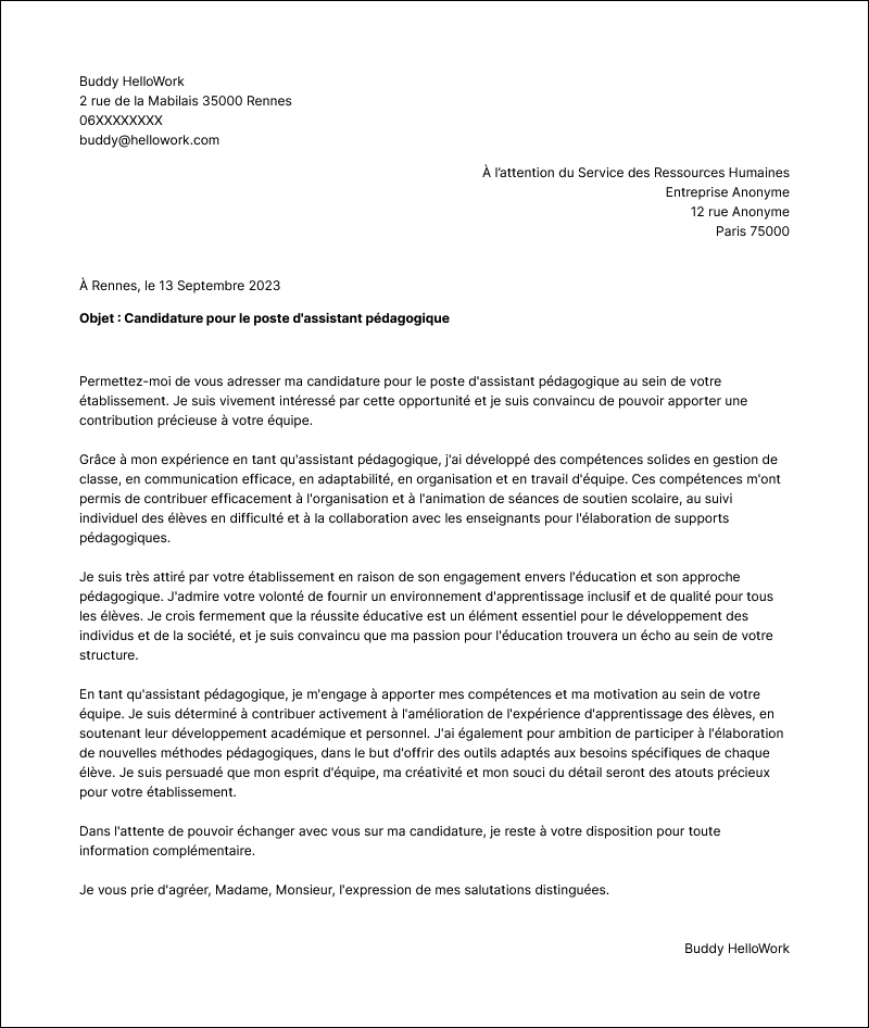 Modèle lettre de motivation Assistant pédagogique Exemple lettre de motivation Assistant pédagogique