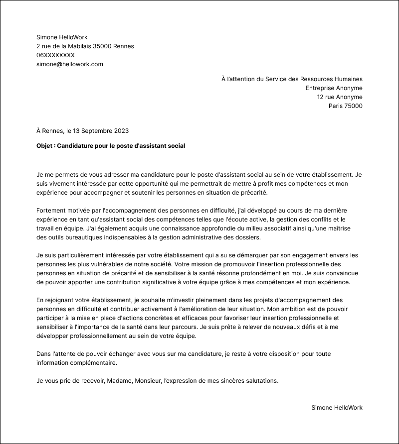 Modèle lettre de motivation Assistant social Exemple lettre de motivation Assistant social