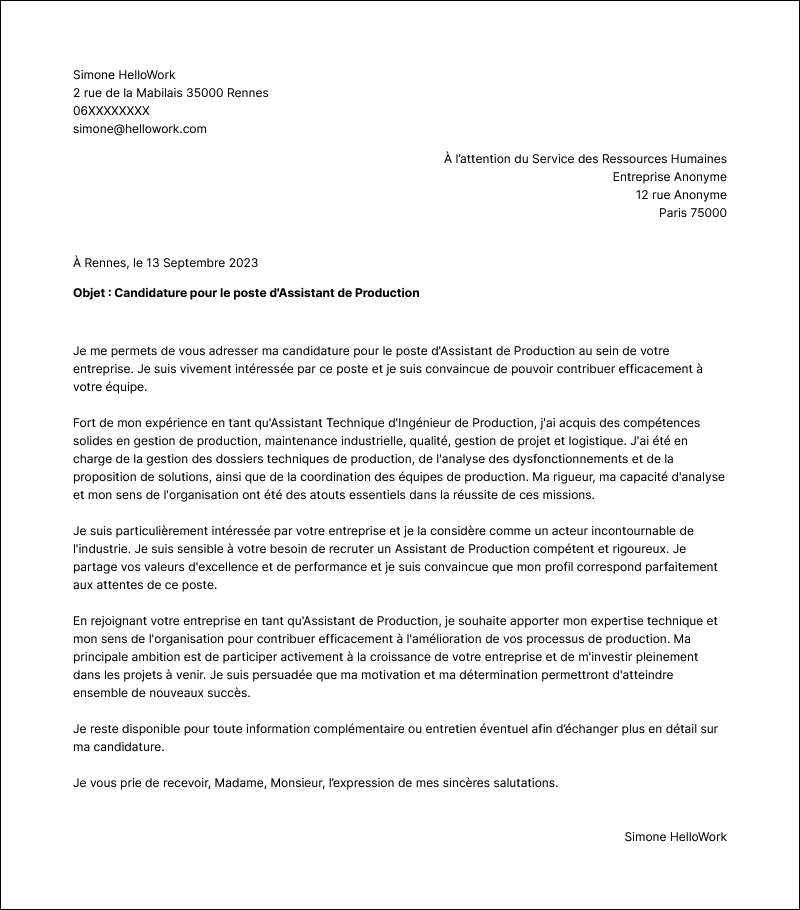Modèle lettre de motivation Assistant de production Exemple lettre de motivation Assistant de production