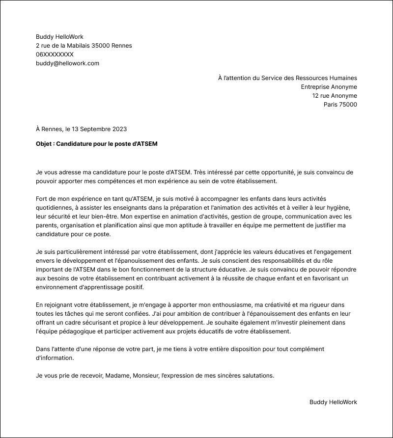 Modèle lettre de motivation ATSEM Exemple lettre de motivation ATSEM