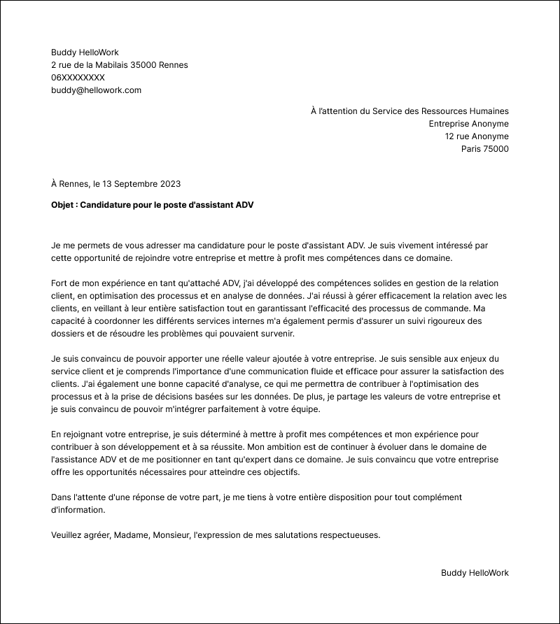 Modèle lettre de motivation Assistant ADV Exemple lettre de motivation Assistant ADV