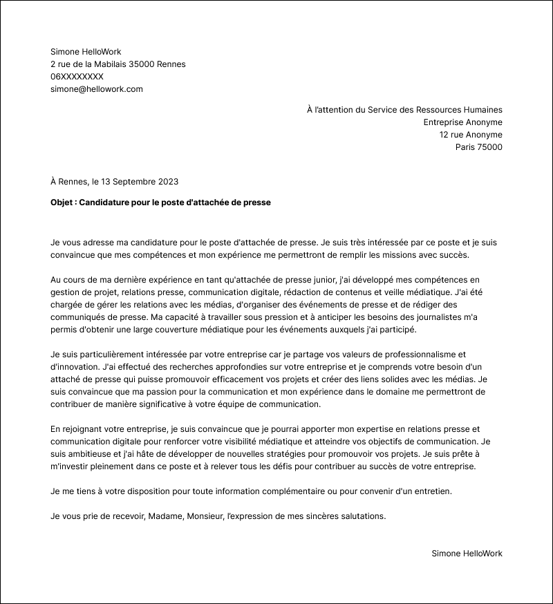Modèle lettre de motivation Attaché de presse Exemple lettre de motivation Attaché de presse