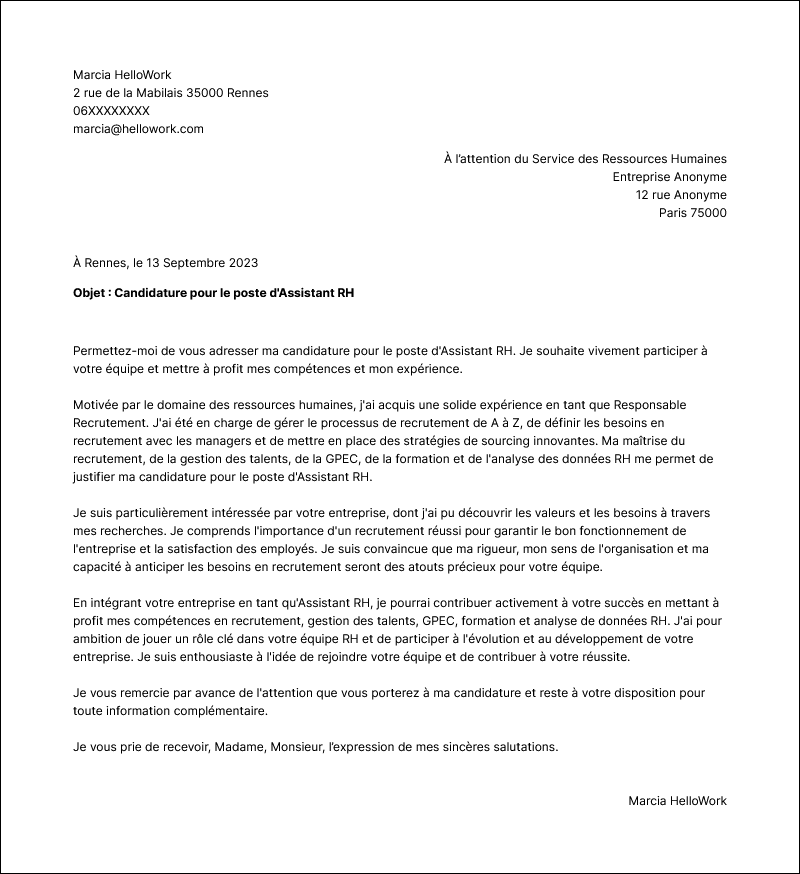 Modèle lettre de motivation Attaché RH Exemple lettre de motivation Attaché RH
