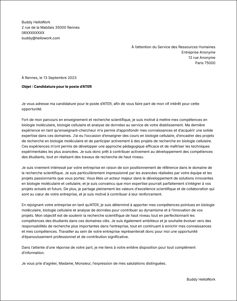 Modèle lettre de motivation ATER Exemple lettre de motivation ATER