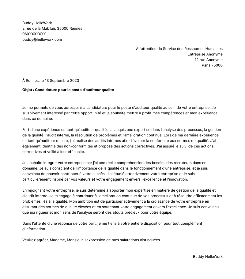 Modèle lettre de motivation Auditeur qualité Exemple lettre de motivation Auditeur qualité