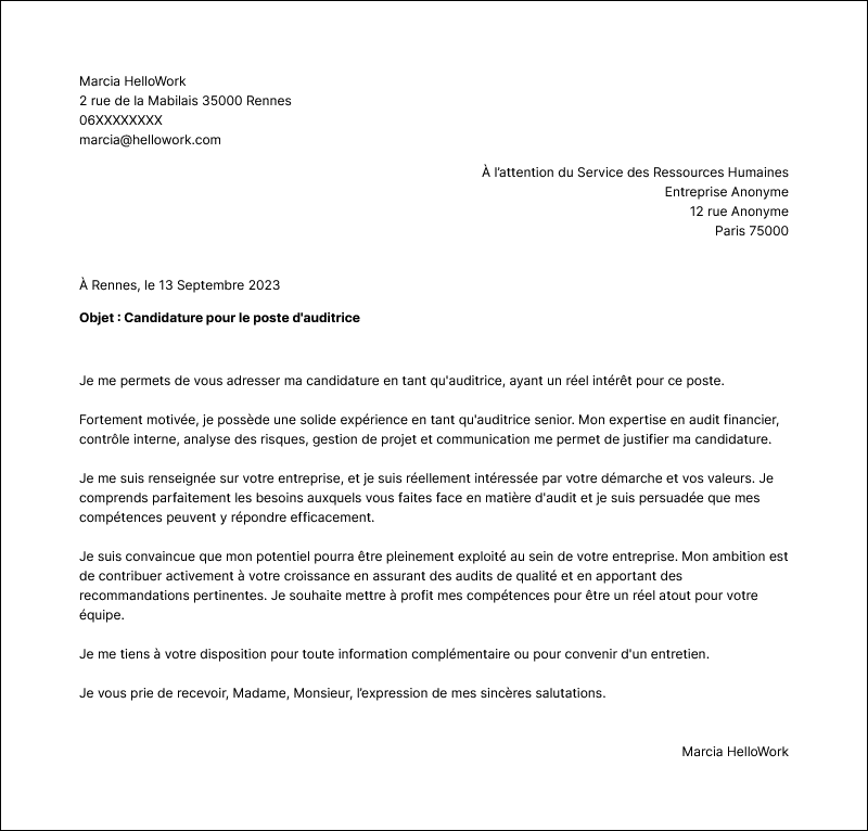 Modèle lettre de motivation Auditeur Exemple lettre de motivation Auditeur