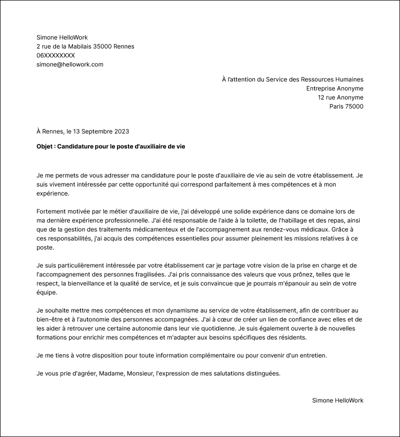 Modèle lettre de motivation Auxiliaire de vie Exemple lettre de motivation Auxiliaire de vie