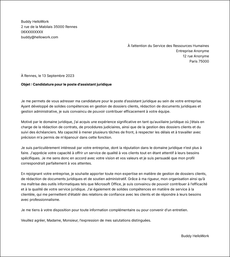 Modèle lettre de motivation Assistant juridique Exemple lettre de motivation Assistant juridique