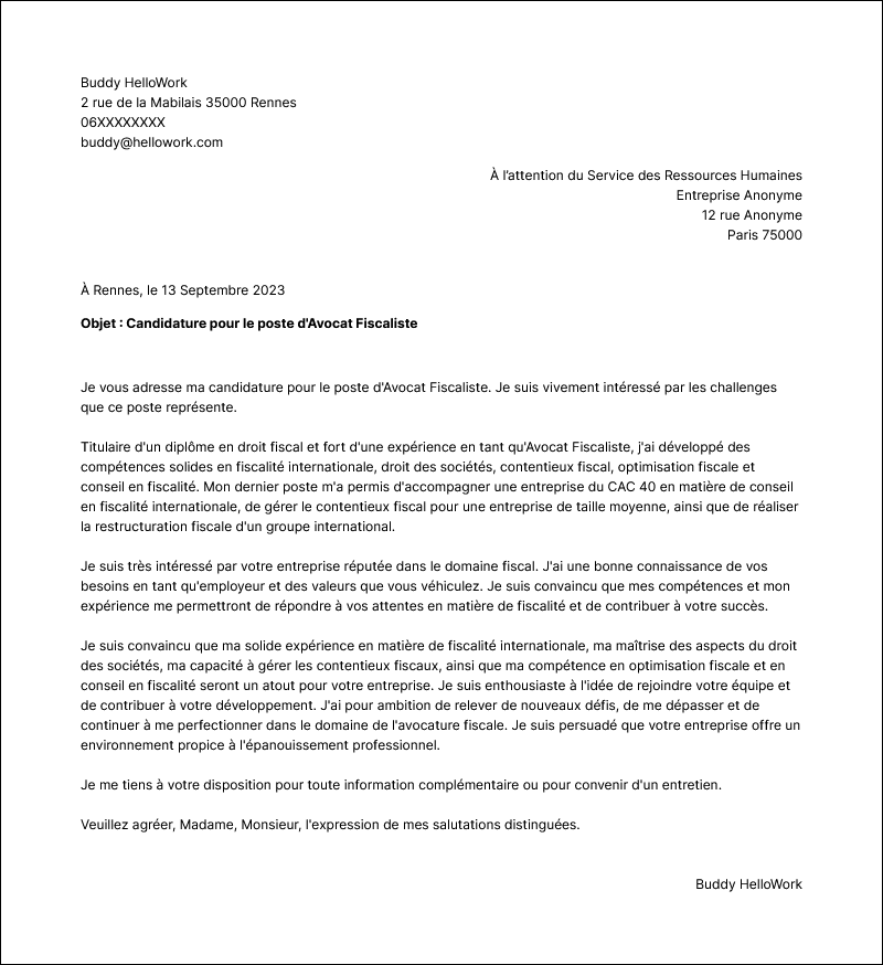 Modèle lettre de motivation Avocat fiscaliste Exemple lettre de motivation Avocat fiscaliste