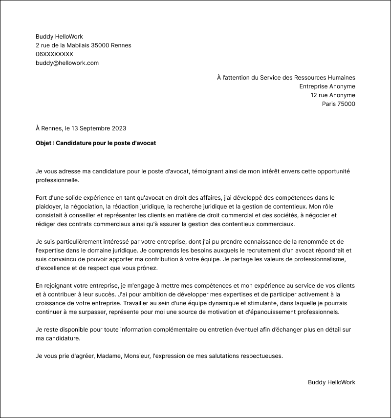 Modèle lettre de motivation Avocat Exemple lettre de motivation Avocat