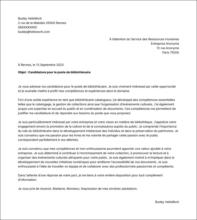 Modèle lettre de motivation Bibliothécaire Exemple lettre de motivation Bibliothécaire