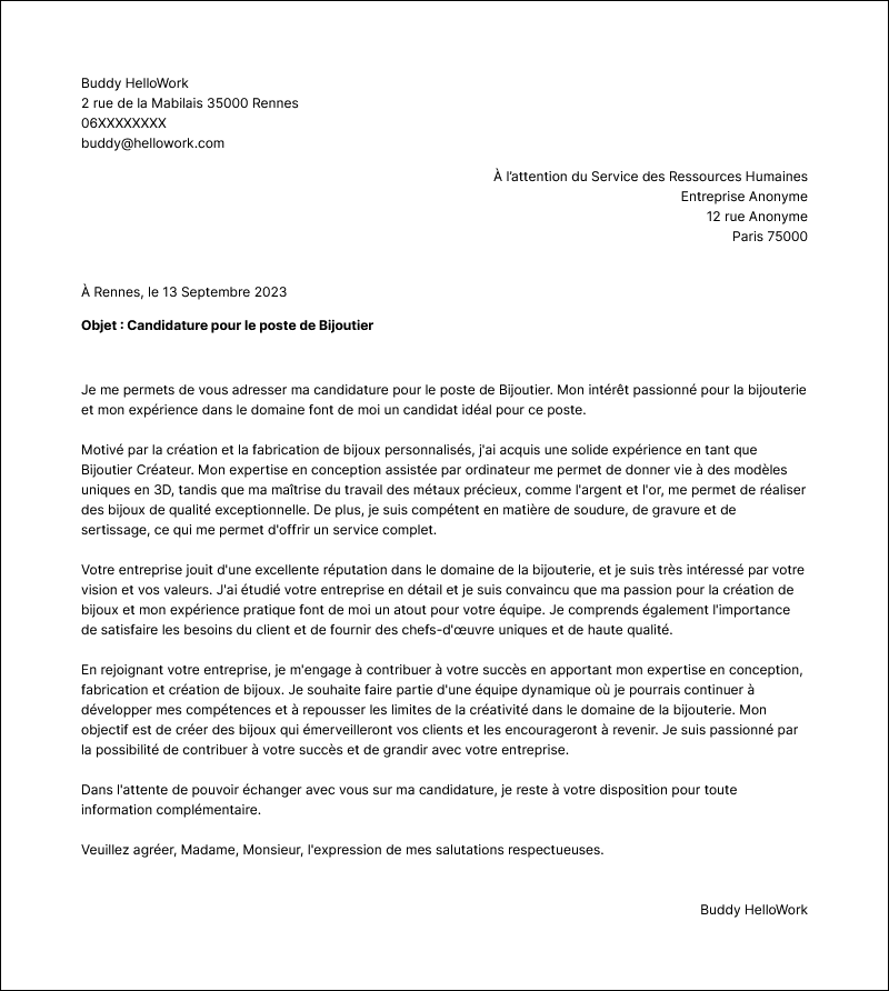 Modèle lettre de motivation Bijoutier Exemple lettre de motivation Bijoutier