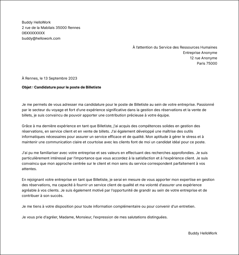 Modèle lettre de motivation Billettiste Exemple lettre de motivation Billettiste