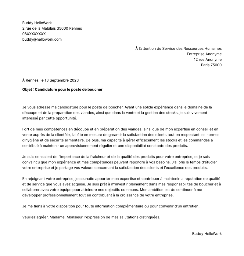 Modèle lettre de motivation Boucher Exemple lettre de motivation Boucher