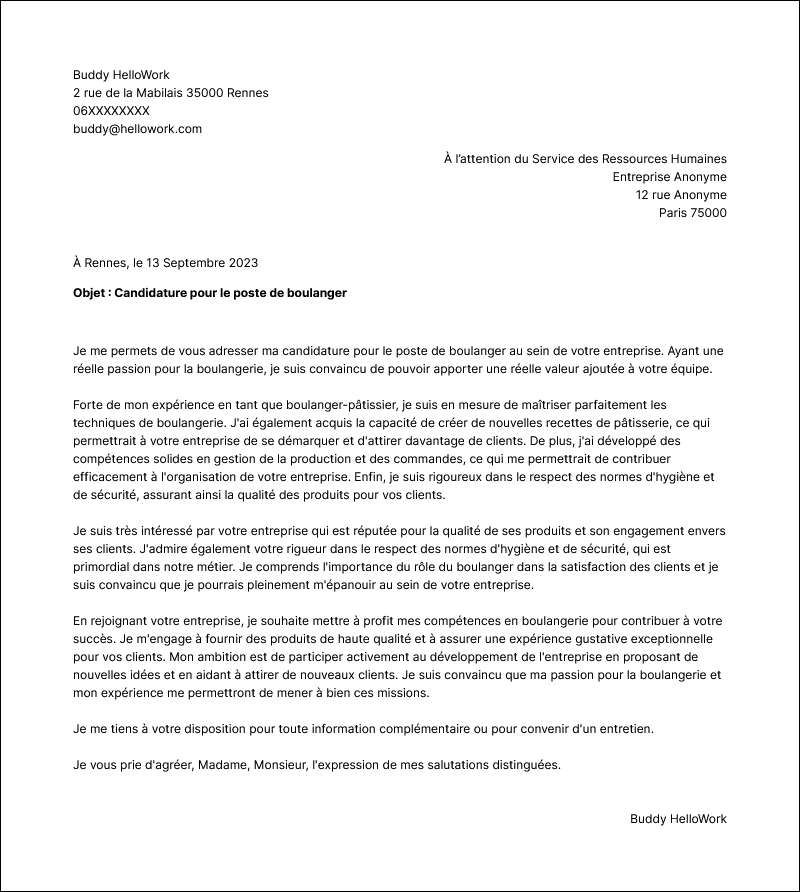Modèle lettre de motivation Boulanger Exemple lettre de motivation Boulanger