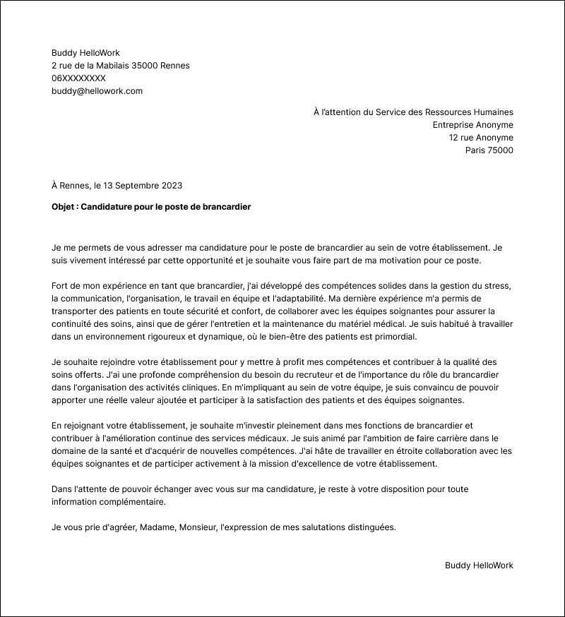 Modèle lettre de motivation Brancardier Exemple lettre de motivation Brancardier
