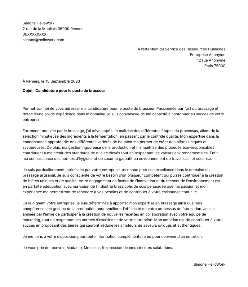 Modèle lettre de motivation Brasseur Exemple lettre de motivation Brasseur