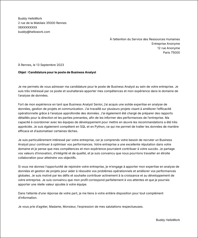Modèle lettre de motivation Business analyst Exemple lettre de motivation Business analyst