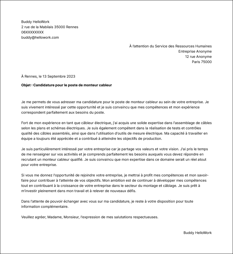 Modèle lettre de motivation Câbleur Exemple lettre de motivation Câbleur
