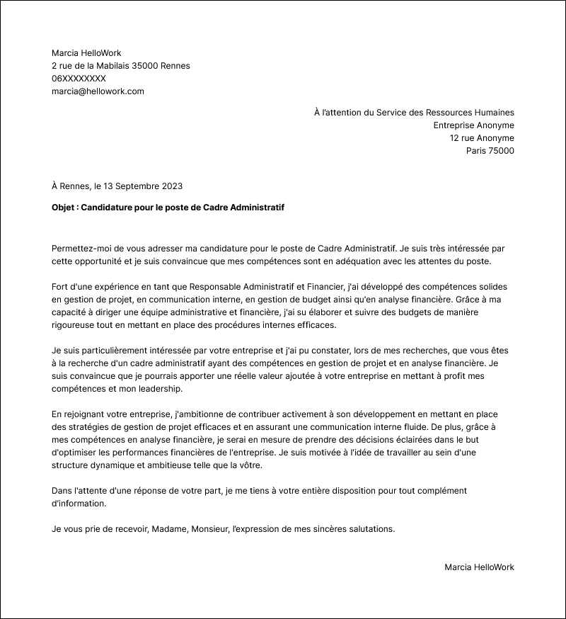 Modèle lettre de motivation Cadre administratif Exemple lettre de motivation Cadre administratif