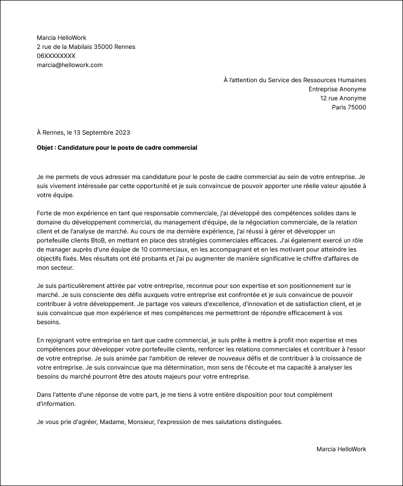 Modèle lettre de motivation Cadre commercial Exemple lettre de motivation Cadre commercial
