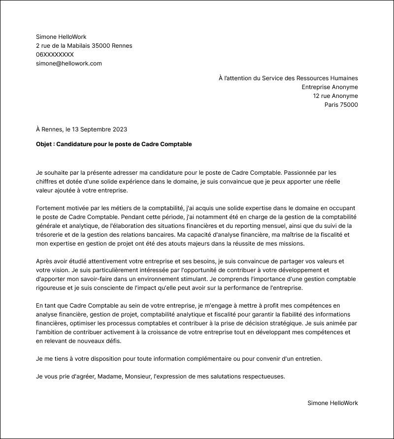 Modèle lettre de motivation Cadre comptable Exemple lettre de motivation Cadre comptable