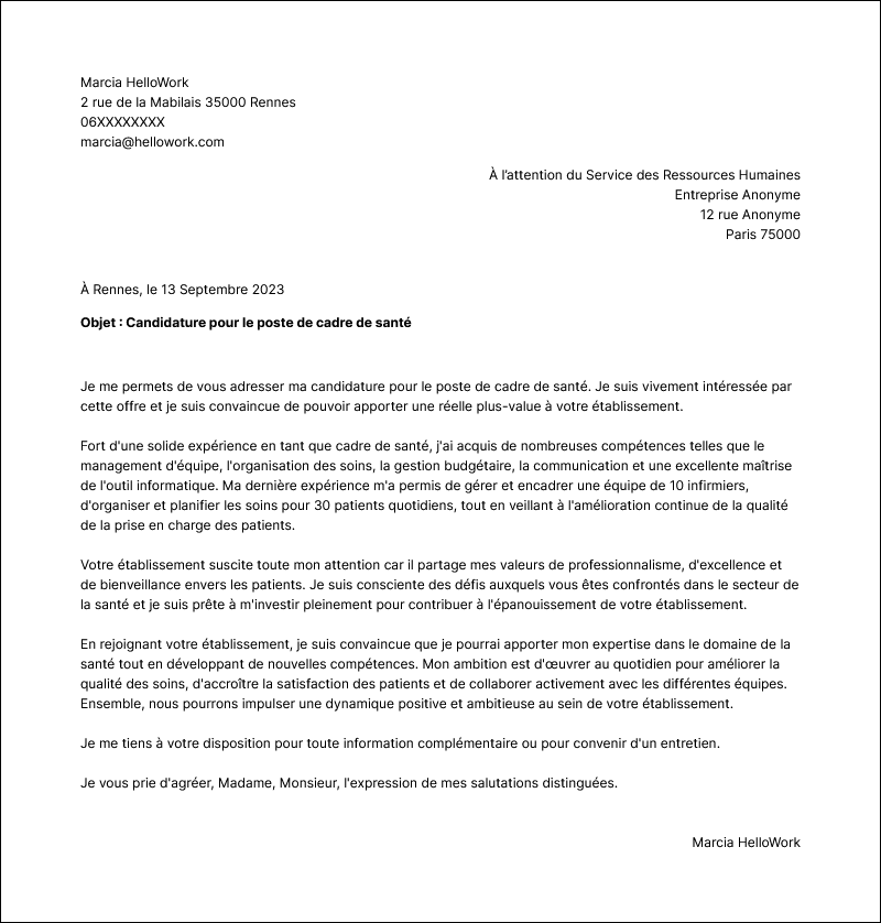 Modèle lettre de motivation Cadre de santé Exemple lettre de motivation Cadre de santé