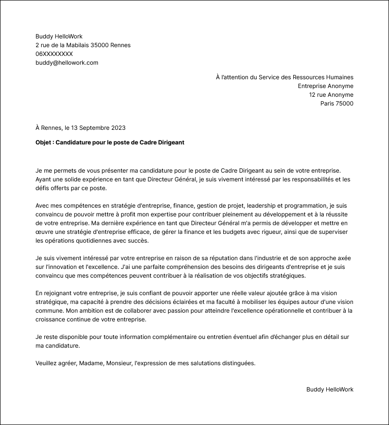 Modèle lettre de motivation Cadre dirigeant Exemple lettre de motivation Cadre dirigeant