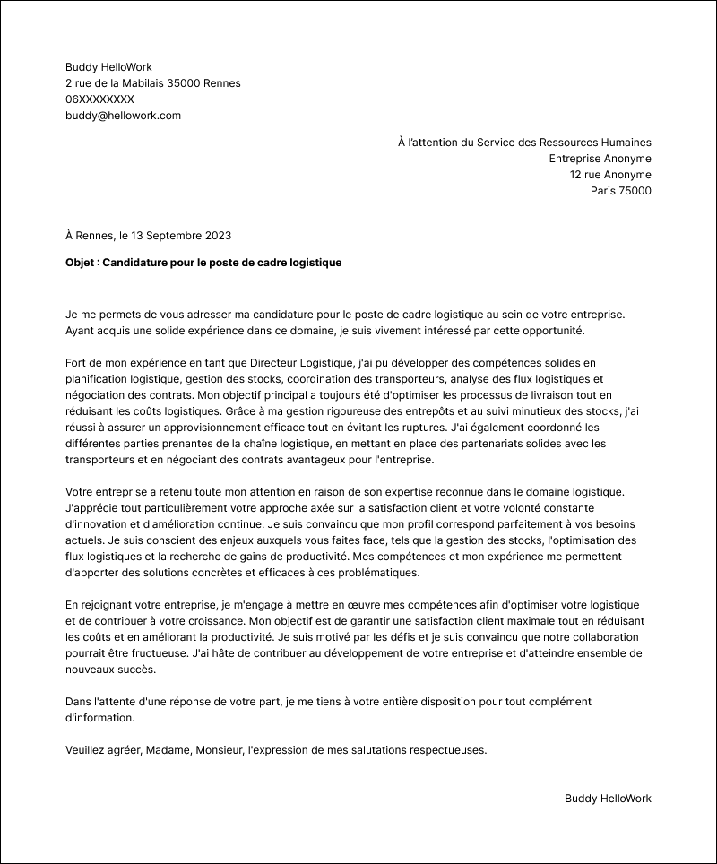 Exemple lettre de motivation Cadre logistique