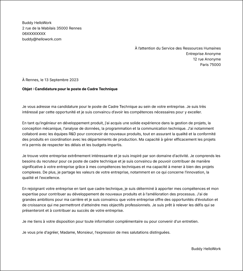 Modèle lettre de motivation Cadre technique Exemple lettre de motivation Cadre technique