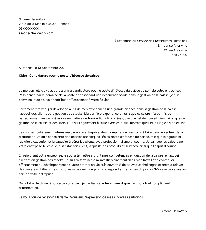 Modèle lettre de motivation Caissier Exemple lettre de motivation Caissier