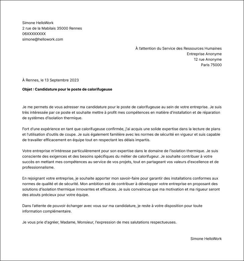 Modèle lettre de motivation Calorifugeur Exemple lettre de motivation Calorifugeur