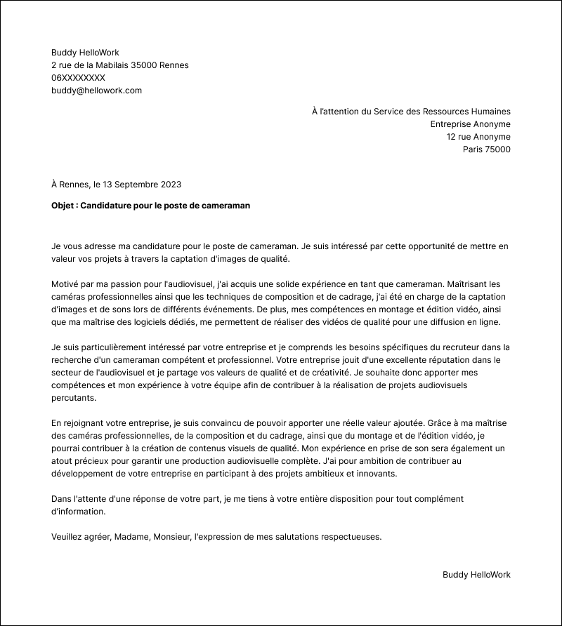 Modèle lettre de motivation Cameraman Exemple lettre de motivation Cameraman