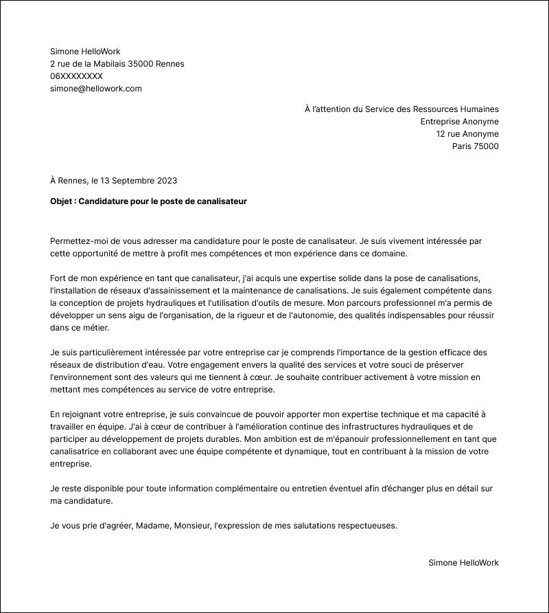 Exemple lettre de motivation Canalisateur