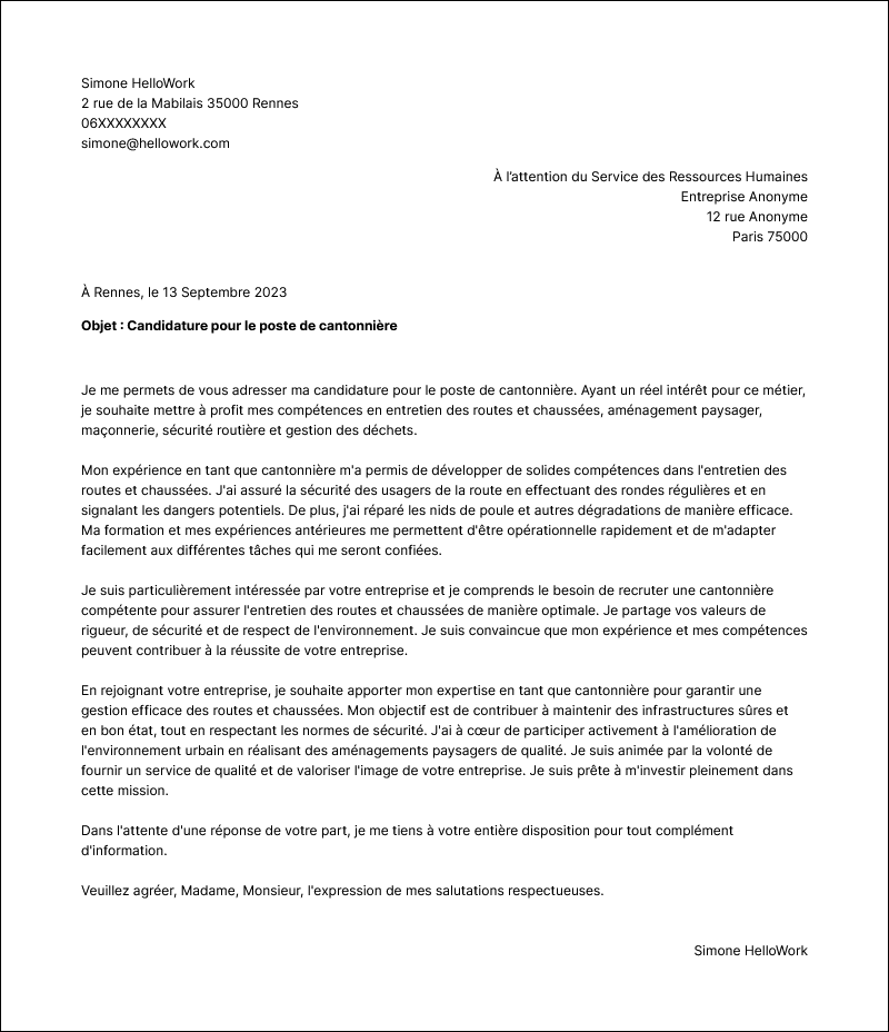 Modèle lettre de motivation Cantonnier Exemple lettre de motivation Cantonnier