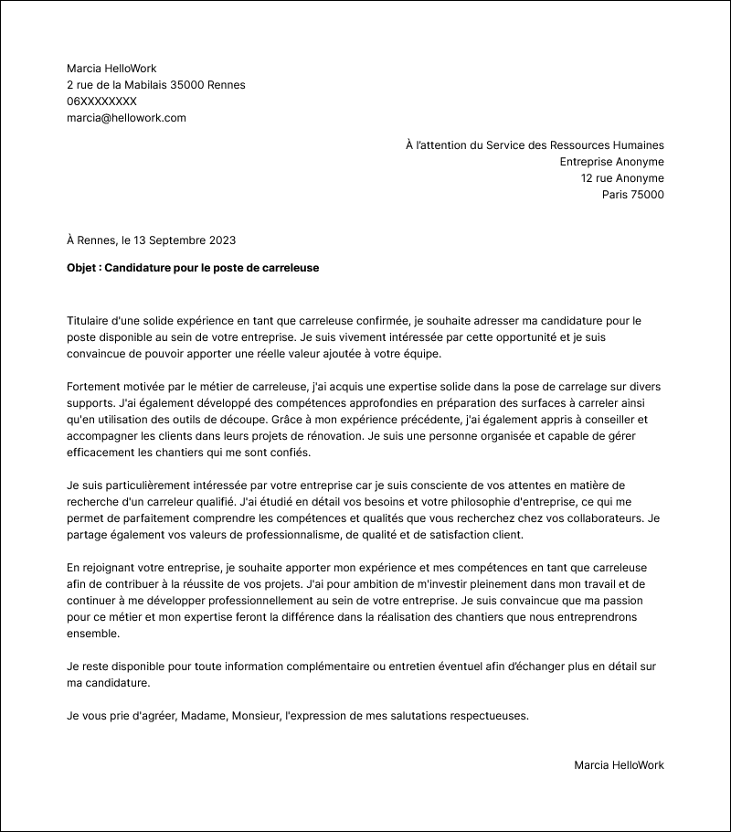 Modèle lettre de motivation Carreleur Exemple lettre de motivation Carreleur