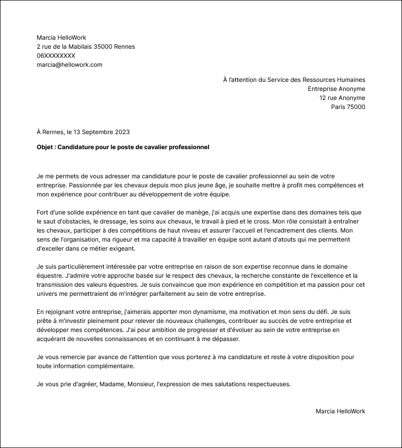 Exemple lettre de motivation Cavalier professionnel
